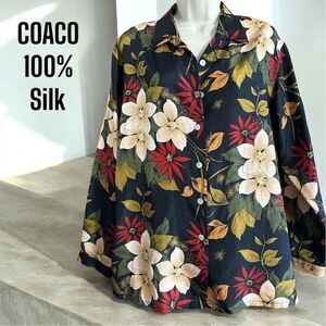 COACO Women's Black Tropical Print Floral Silk Blouse Long Sleeve Button Down